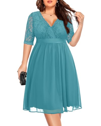Image of Pinup Fashion Plus Size Lace Chiffon Wrap V Neck Dresses Women Cocktail Wedding Guest Midi Dress