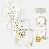 Decorably 3-Ply 100 Pack Disposable Foiled White and Gold Cocktail Napkins - 5x5in Folded Square, for Beverage, Appetizers, Dinner, Tea & Garden Party, Bridal & Baby Shower, Birthday, Wedding