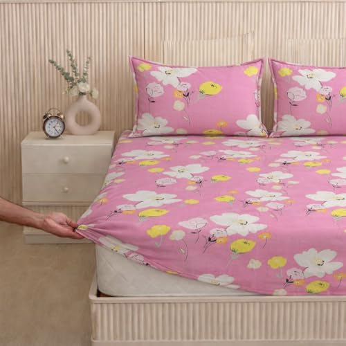 Image of 320 TC Glace Cotton Double King Size Elastic Fitted Bedsheet with 2 Pillow Covers, Size - 78 x 72 (Peach Flower)