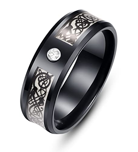 Bague de mariage dragon phosphorescent 8 mm en acier noir mat