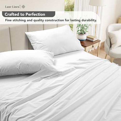 LANE LINEN Queen Sheets – Long-Staple 100% Cotton Sheets, Pre-Washed Durable Soft Queen Sheet Set in Percale Weave, Soft Naturally Cool for Everyday Comfort, Pre-Shrunk, 15” Deep Pocket – White - Thumbnail 4