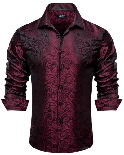 Hi-Tie Burgundy Dress Shirt for Men Paisley Woven Jacquard Wrinkle Free Button Up Nightclub Party Mens Silk Long Sleeve Shirt