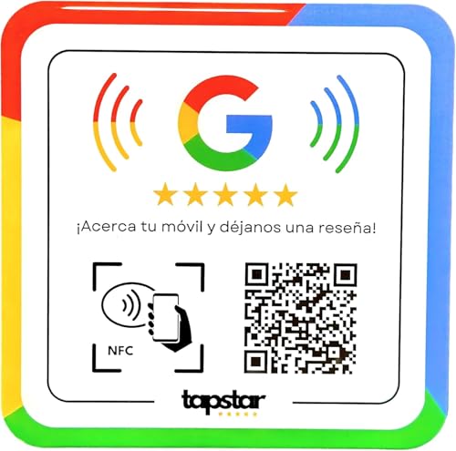 Placa Acrílica Reseñas Google NFC y QR - Pegatina - Adhesivo NFC Aumentar Valoraciones Google - QR Opiniones - Fácil Configuración con Web App - Compatibilidad Universal - Sin Suscripciones