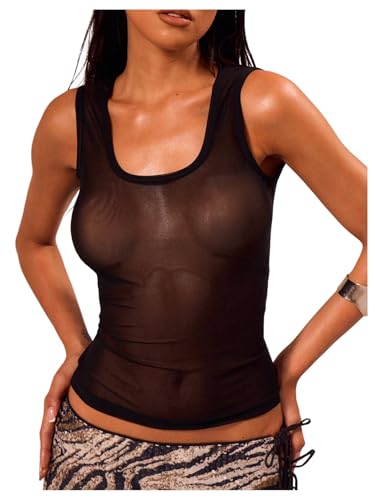 Women's Sheer Mesh Tank Top Square Neck See Through Tops Vacation