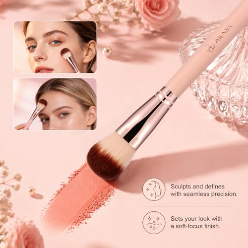 Image of Makeup Brush, Large Face Makeup Brush for Foundation, Powder, Blush, Bronzer and Contour, Soft Dense Synthetic Bristles, Rounded Perfecting Brush with Pink Handle and Rose Gold Ferrule
