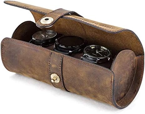 Genuine Leather Travel Watch Case Roll Organizer Classic, Leather 3-Watches Roll Case Display Box, for Watches, Bracelets, Jewelry Storage Case