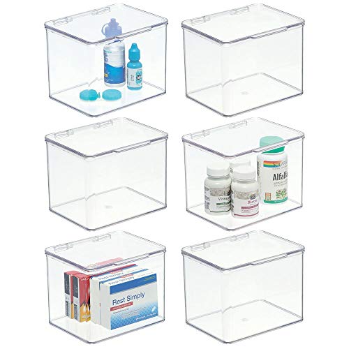 mDesign Bathroom Plastic Stackable Household Storage Container with Lid - Organizer for Entryway, Closet, Kitchen, Bathroom, Garage Kid's Room, Craft Room - 6 Pack - Clear