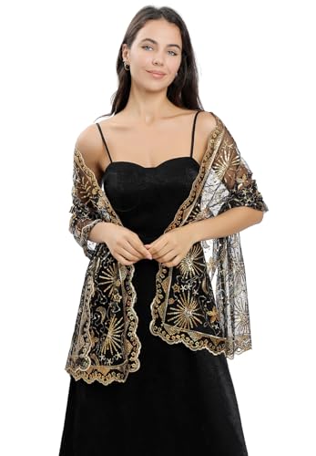 OurLore Women's Glittering 1920s Shawl Scarf Mesh Sequin Wedding Bridal Cape Fringed Evening Wraps Shawls3