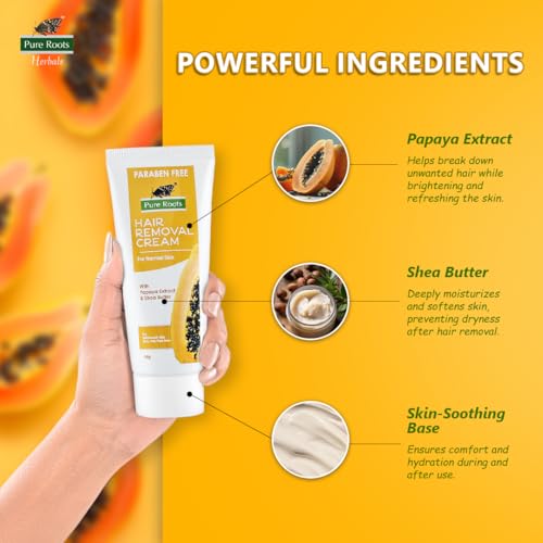 Image of Pure Roots Papaya Hair Removal Cream 50g Pack of 3, Enriched with Papaya Extract & Shea Butter, Painless, Easy and Effective Hair Removal Cream for Women and Men