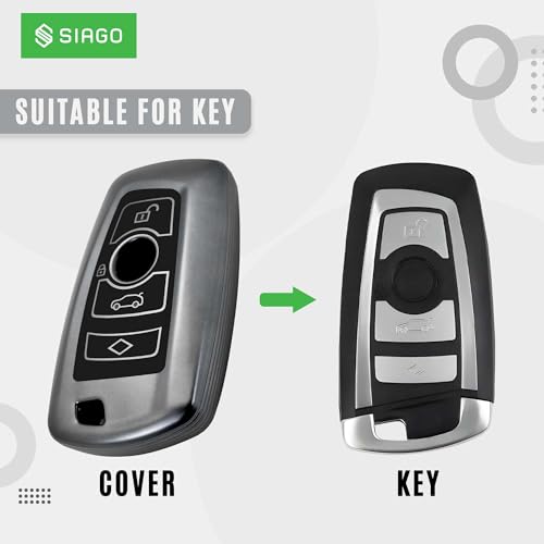 Image of SIAGO TPU Key Cover and Round Key Chain Compatible with BMW X4, X3, 5 Series, 6 Series, 3 Series, 7 Series 4 Button Flip Key (Grey)