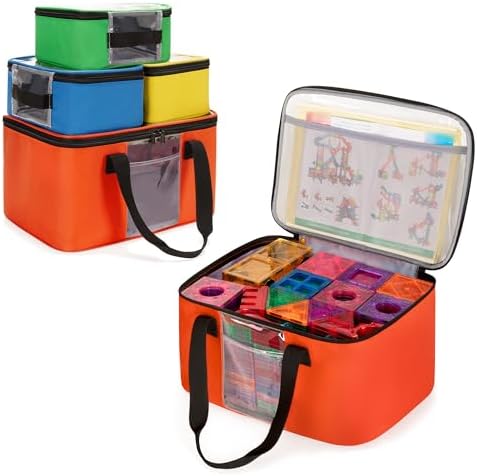 Rexmica 4pcs Toy Storage Organizer Bag for Magnetic Building Tiles, Zipper Pouch Bag with Visible Top for Magnetic Blocks, Travel Bag Case for Building Bricks, Board Game, Puzzle, Car Toy