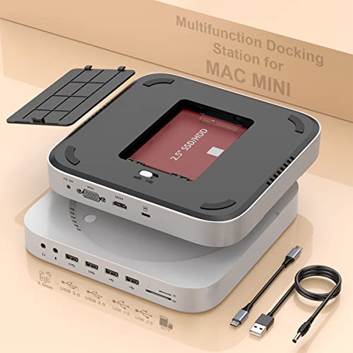 Mac Mini Dock mit Festplattengehäuse, 12-in-1 Mac Mini-Dockingstation für Mac Mini M2 / M1 mit HDMI, VGA, SSD/HDD SATA, USB 3.0, USB 2.0, TF und SD, Video-/Audio-Buchse für Mac Mini M2, Mac Studio