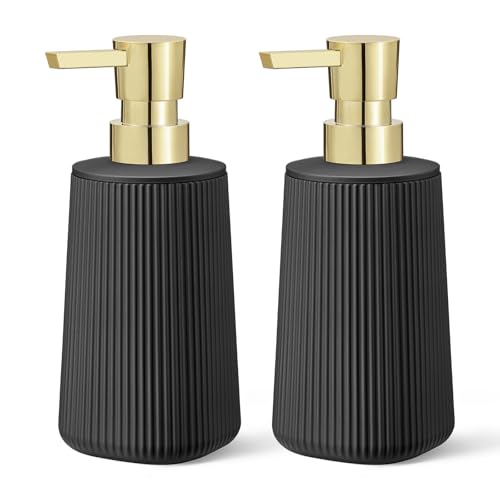 Image of Black and Gold 2 Pack Hand Soap Dispensers Set with No Rust Pump for Bathroom and Kitchen Countertops Refillable Matte Striped Plastic 8.5 oz