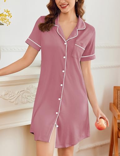 Image of Ekouaer Nightgowns for Women Button Down Sleepshirt Short Sleeve Nightshirt Boyfriend Pajamas V Neck Nightdress S-XXXL
