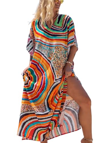 IMAGEKOPE Women's Plus Size Animal Print V-Neck Batwing Kaftan Beach Dress Bathing Suit Cover-Up Loungewear