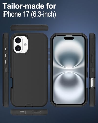 Image of for iPhone 17 Case with Port Cover, Rubber Matte Finish, Black | 3-Layer Heavy Duty Armor, 16ft Drop Protection, Non-Slip Shockproof & Anti-Fingerprint