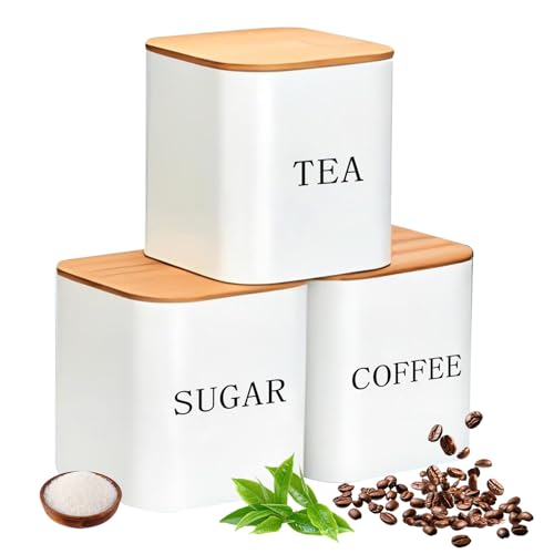 URbazaar 3 Pcs Storage Jars Elegant Square Storage Jar Classic Tea Container with Airtight Bamboo Lid Coffee Container for Coffee Sugar Tea (White-Square-Bamboo Lid)