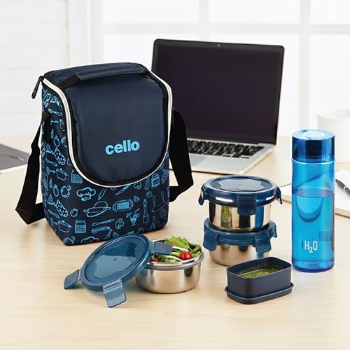 Image of CELLO Complete Meal Lunch Box Set with Jacket for Office Use Blue | 3 x 300ml Steel Container, 1 x 130ml Pickle Container, 500ml Water Bottle with Spoon & Fork | Airtight Tiffin Box Set for Daily Use