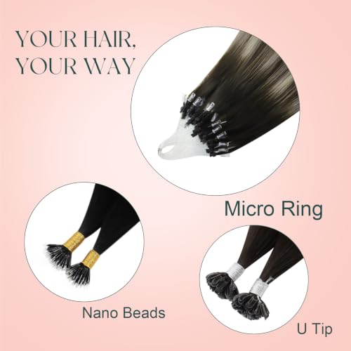 Image of Easyouth Micro Ring Hair Extensions Human Hair Balayage, Pre Bonded Hair