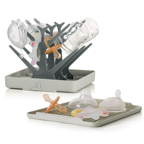 Image of haakaa Portable Baby Bottle Drying Rack with Tray, Space Saving Bottle Drying Tree for Bottles/Pump Parts/Pacifiers,Easy-Store Dryer Rack Great for Home & Travel, BPA Free (Grey)
