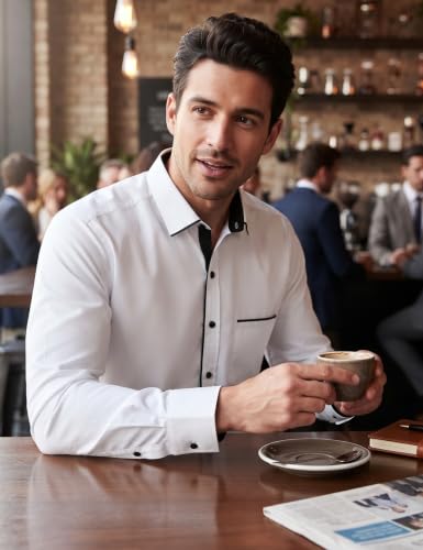 Image of FINAXO FASHION Men's Cotton Blend Shirt, Black with Red Trim, Long Sleeve, Regular Fit