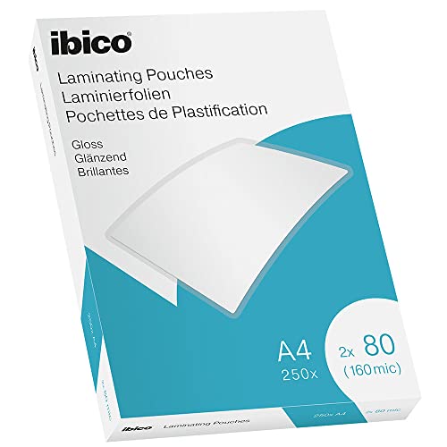 Ibico A4 Laminating Pouches, 160 Micron (2x80), High Document Protection & Durability, Pack of 250, Gloss Finish, Crystal Clear, 628604