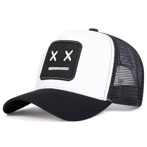 Embroidered Reticent Trucker Hat for Men Women - Unisex Sad Expression Graphics Mesh Back Breathable Adjustable Snapback Cap - UV Protection Sun Snap Closure Hat for Summer Outdoor Activities(White)
