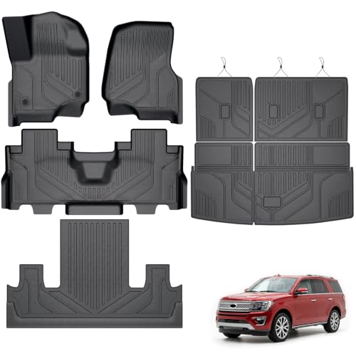 Image of KARPAL Floor Mats for 7 Seats 2018-2024 Ford Expedition Standard (Not for Max Model), Custom Fit TPE All Weather Ford Expedition Accessories 1st& 2nd& 3rd& Cargo Liner Backrest Mat Full Set