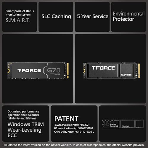 Image of TEAMGROUP T-Force G70 PRO Graphene Heatsink 1TB DRAM SLC Cache 3D TLC NAND NVMe InnoGrit PCIe Gen4x4 M.2 2280 Gaming Internal SSD Works with PS5 Read /Write 7400 /5500 MB /s TM8FFH001T0C129