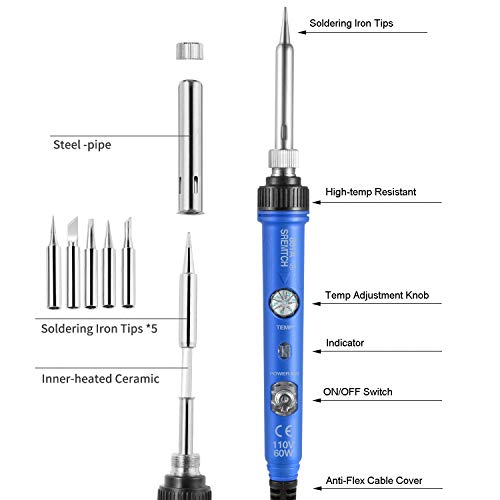 Electronics Soldering Iron Kit, SREMTCH 60W Adjustable Temperature Welding Tool,Soldering Gun with Fast Heating Ceramic Thermostatic Design, Solder Iron Kit with ON-Off Switch, 5pcs Soldering Tips