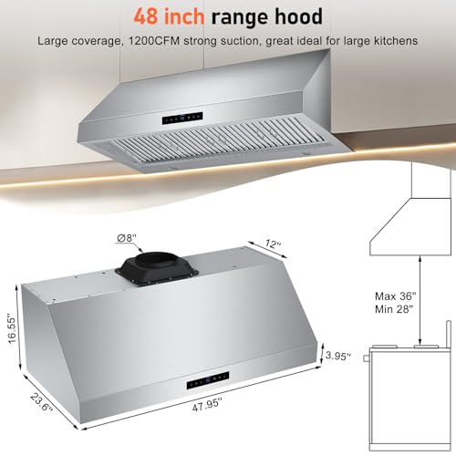 48 Inch Wall Mount Range Hood 1200CFM, 4-Speed Wall Mount Range Hood with Touch Control