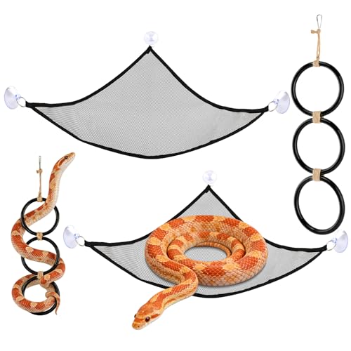 Trivolein Snake Climbing Rings with 2 Hammock for Ball Python & Corn Snake Reptile Enrichment Toys for Snake Ball Python Tank Decor Reptiles Climbing Toy Hammocks (Black)