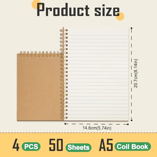 JIANTA 4 Packs Spiral Lined Notepad A5, 100 Pages/ 50 Sheets Kraft Cover Wirebound Notebooks Bulk Journals - Image 2