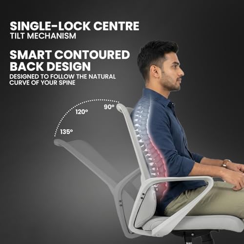 Image of Kepler Brooks Vibe Office Chair for Work | 3-Year Warranty | Ergonomic Office Chair, Study Chair for Home, Foam Padded Lumbar, Centre Tilt Lock Mechanism, Heavy Duty Nylon Base (Grey)