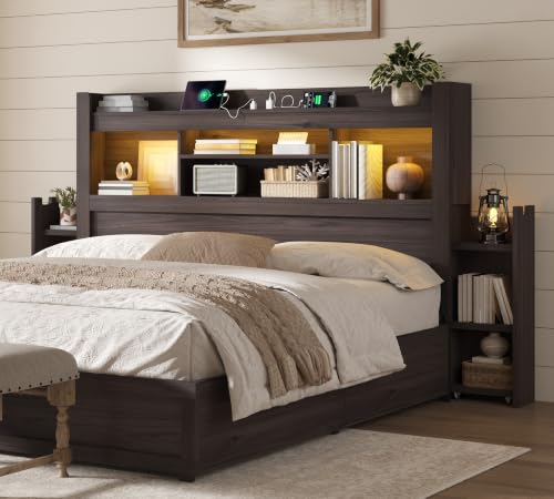 Image of AMERLIFE Queen /Full Size Wood Headboard Only with Storage, Black Oak
