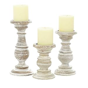 Deco 79 Mango Wood Decorative Candle Holder Turned Style Pillar Candle Stand, Set of 3 Candlestick Holder 6″, 8″, 10″H, Cream