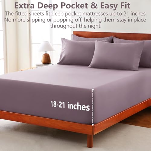 Image of CozyLux 6-Piece Cal King Sheet Set, Fits 18-21 Inch Mattresses, Oeko-TEX | 4 Pillowcases, 1 Flat Sheet and 1 Fitted Sheet with All-Around Elastic and 21-Inch Deep Pocket for a Secure Fit, Dusty Purple