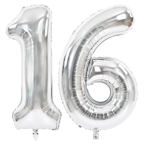 Image of TONIFUL 40 Inch Silver Number 16 Balloons Large Foil 16th Birthday Decor | Silver 16 Balloon Number Sixteen for Sweet 16 Birthday Party 16th Anniversary, Silver Birthday Decor for Teens Men Women