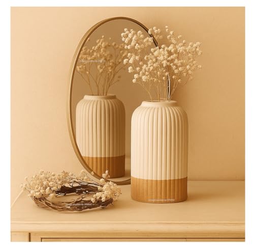Image of SPHINX Ribbed Pipe Ceramic Vase, Flower Vase, Pampas Grass Vase, Vase for Money Plant Live Plants for Home, Office, or Gifts NO Flowers- (Two Tone, 6 inch)