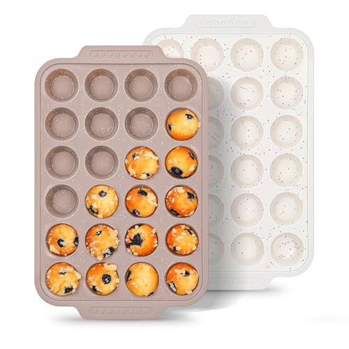 Image of 2 Pcs Silicone Muffin Pans for Baking with Metal Reinforced Frame, Nonstick Cupcake Tray for Oven, 24 Cups Mini Size Silicone Molds for Egg Bites, Dishwasher Safe (Brown, Cream)
