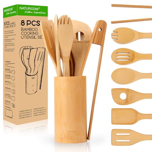 Naturoom Kitchen Utensils Set of 8 PCS 12Inches Bamboo Wooden Cooking Spoon & Spatula Tools Perfect for Non-Stick Cookware (Bamboo 12inches)