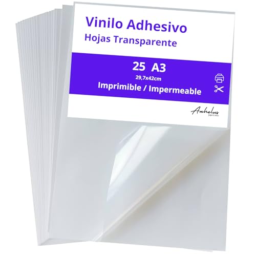 Vinilo Adhesivo Transparente | 25 hojas A3 | Láminas adhesivas impermeables 42x29,7cm para impresoras inkjet y laserjet | Crea tus propias etiquetas adhesivas