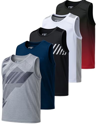 5 Pack Boys Dry-Fit Active Tank Tops Moisture-Wicking Athletic Sleeveless Shirts for Sports and Everyday Wear (Set 5, Youth Medium)