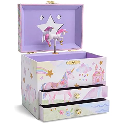 Jewelkeeper Musical Jewellery Box with 2 Pull-out Drawers, Glitter Rainbow and Stars Unicorn Design, The Beautiful Dreamer Tune Cover