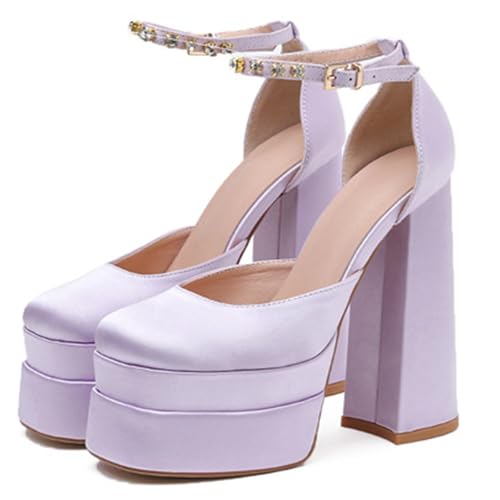 Women's Platform Chunky Heel Party Pumps Closed Round Toe Ankle Strap Rhinestone Block High Heels Fashionable Party High Heels