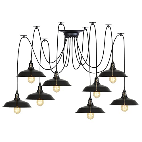 Lustre industriel vintage pour cuisine et chambre, lampe araignée de plafond noire 8 bras