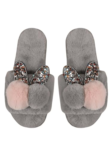 OYOANGLE Women's Colorblock Sequin Sparkly Fuzzy Slippers Open Toe Slip on Bedroom Indoor Slippers