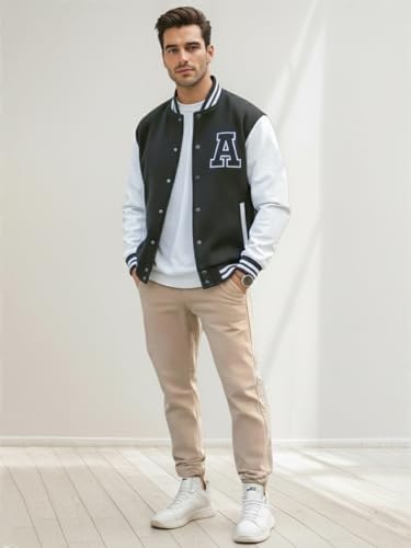 Image of CHKOKKO Men's Regular Varsity Jacket with Snap Button Closure and Patch Design Trendy Comfortable Outerwear for College Travel and Casual Wear