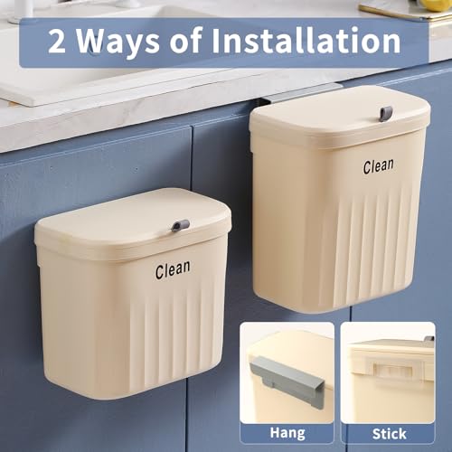 Image of Hanging Trash Can with Lid, 2.2 Gallon Kitchen Garbage Bin Food Waste Container Kitchen Compost Bin Wall Mounted Trash Can for Kitchen, Cupboard, Bathroom, Bedroom, Office, Under Sink - Beige