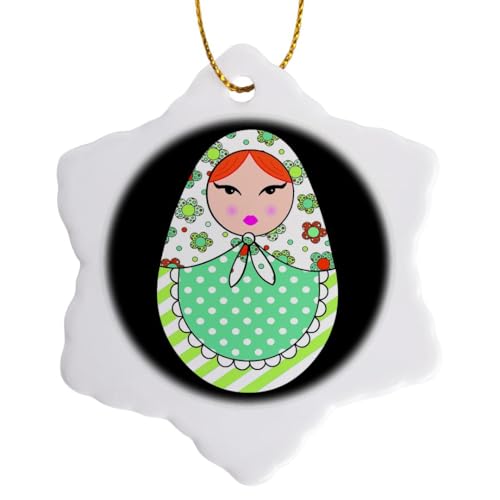 3 inch Snowflake Porcelain Ornament - Cute Russian Matryoshka Nesting Doll Orange Hair - Warm Colors Black Designs Dolls
